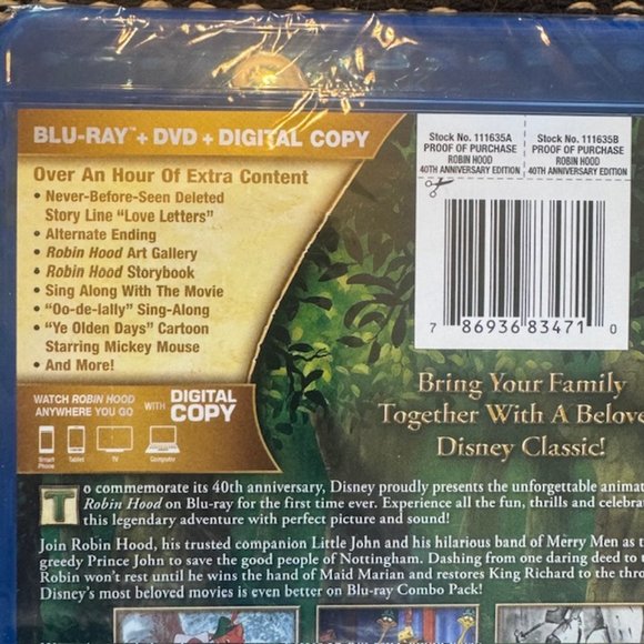 New/Sealed DISNEY"S ROBIN HOOD 40TH Anniversary Edition Blu-Ray & DVD - Picture 3 of 5
